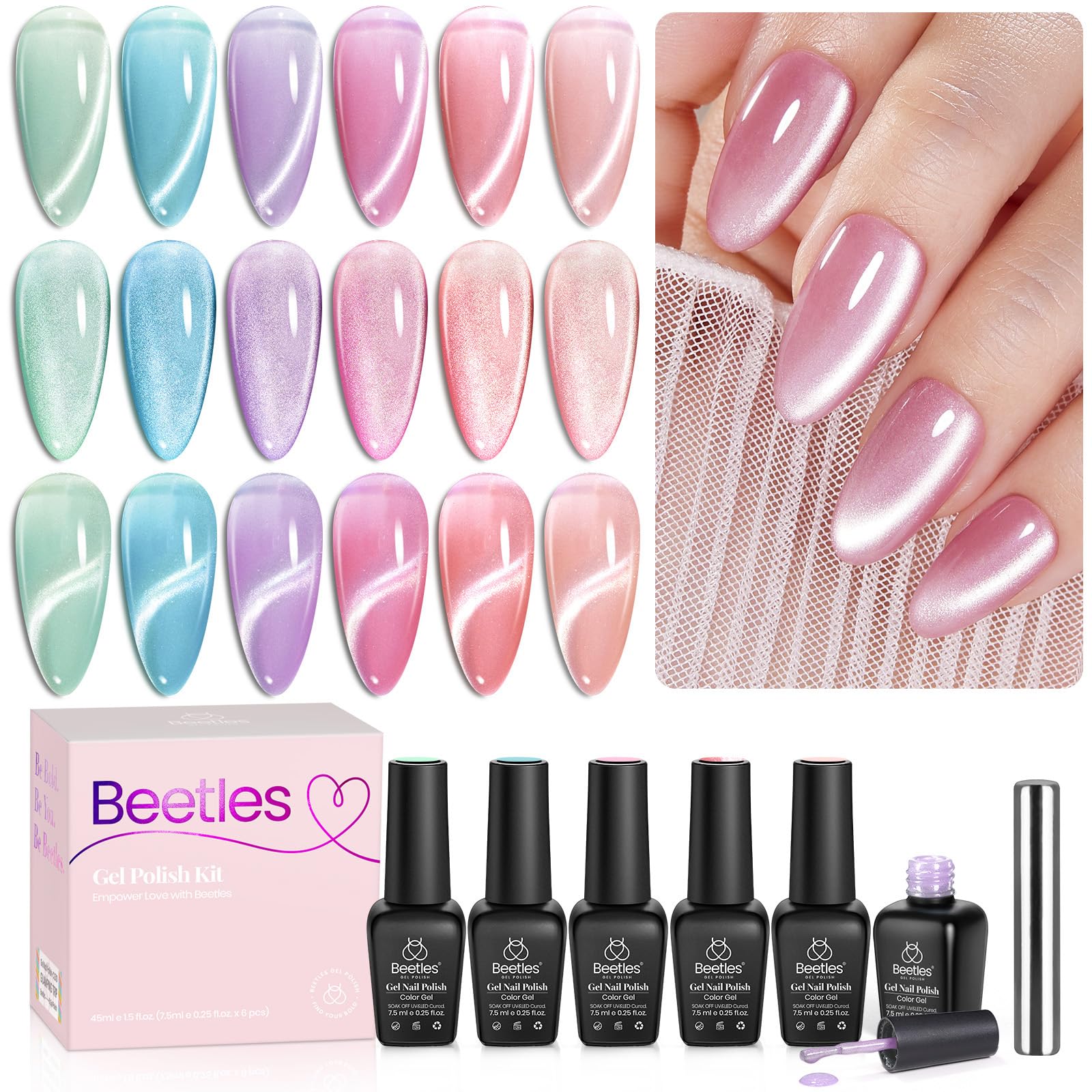 Beetles front packaging showing six fairy garden gel polish bottles and wand, clear gift-ready kit