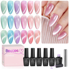 Beetles front packaging showing six fairy garden gel polish bottles and wand, clear gift-ready kit