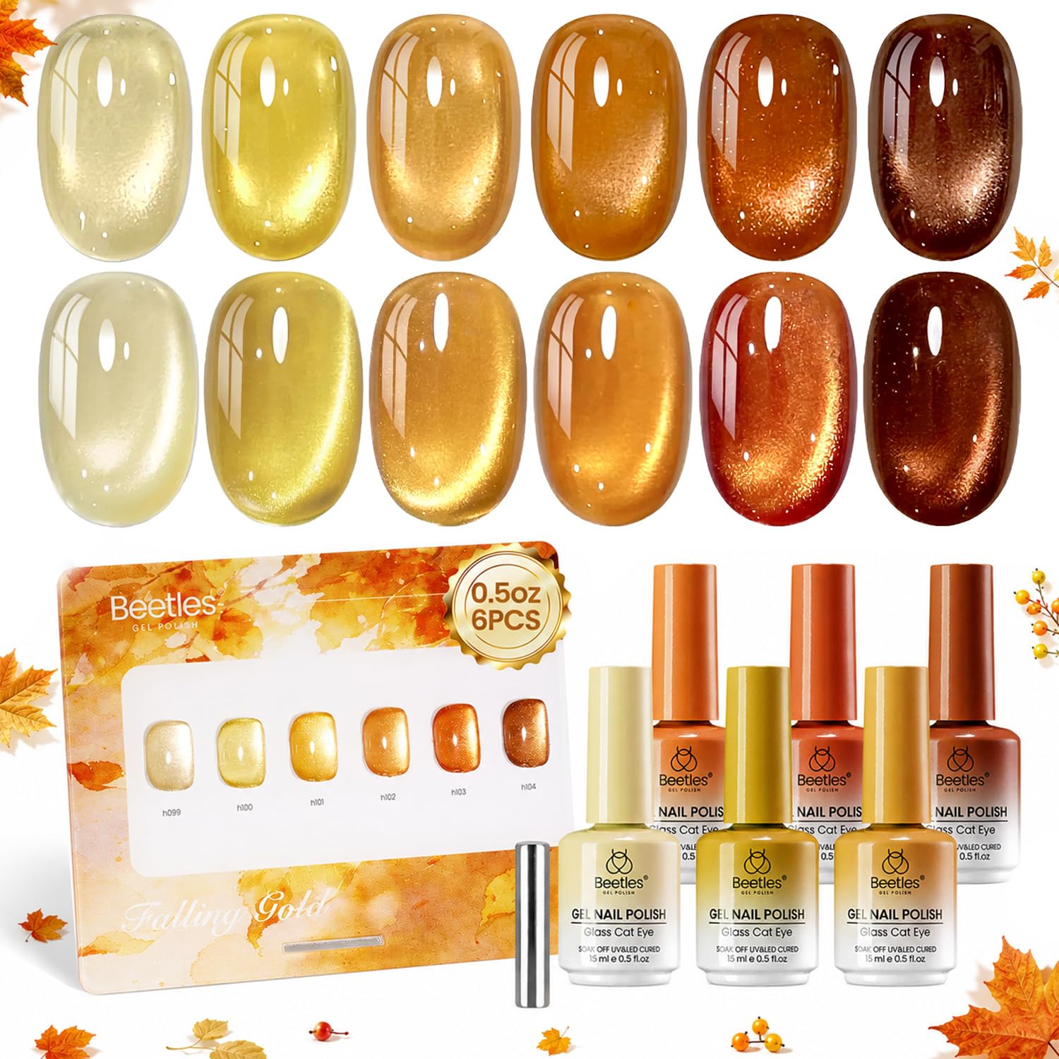 Beetles Gel Polish front packaging showing six warm fall shades and display card benefit