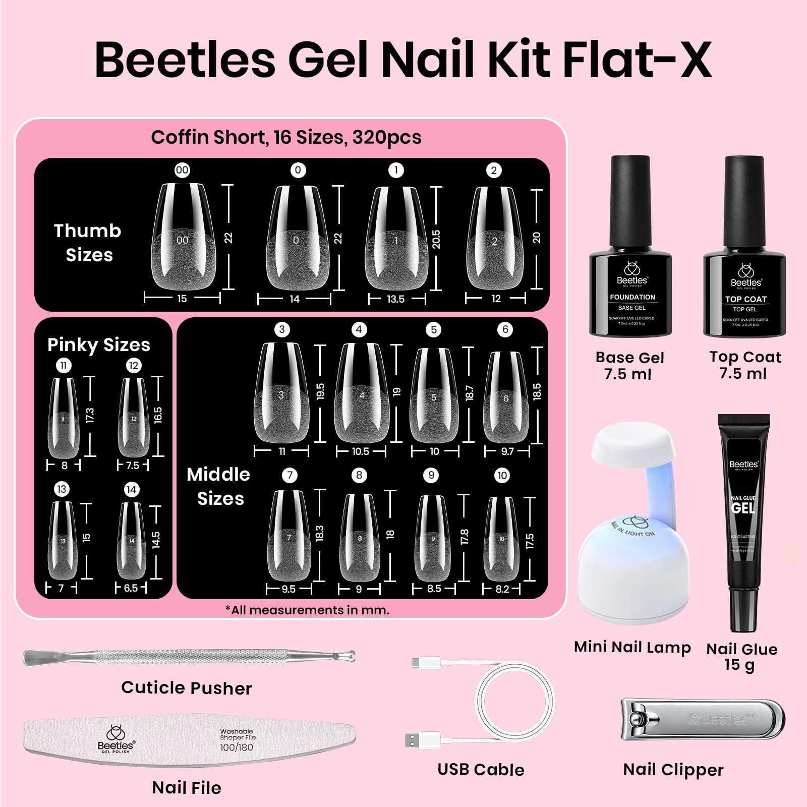 Beetles display of 16 pre-numbered tip sizes, simplifies finding perfect match