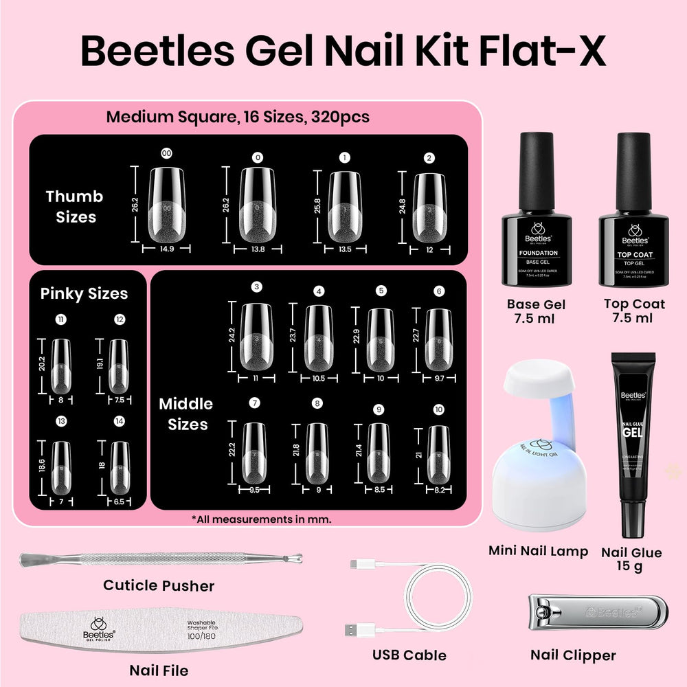 beetles Flat-X pre-numbered tips array illustrating 16 sizes for perfect fit
