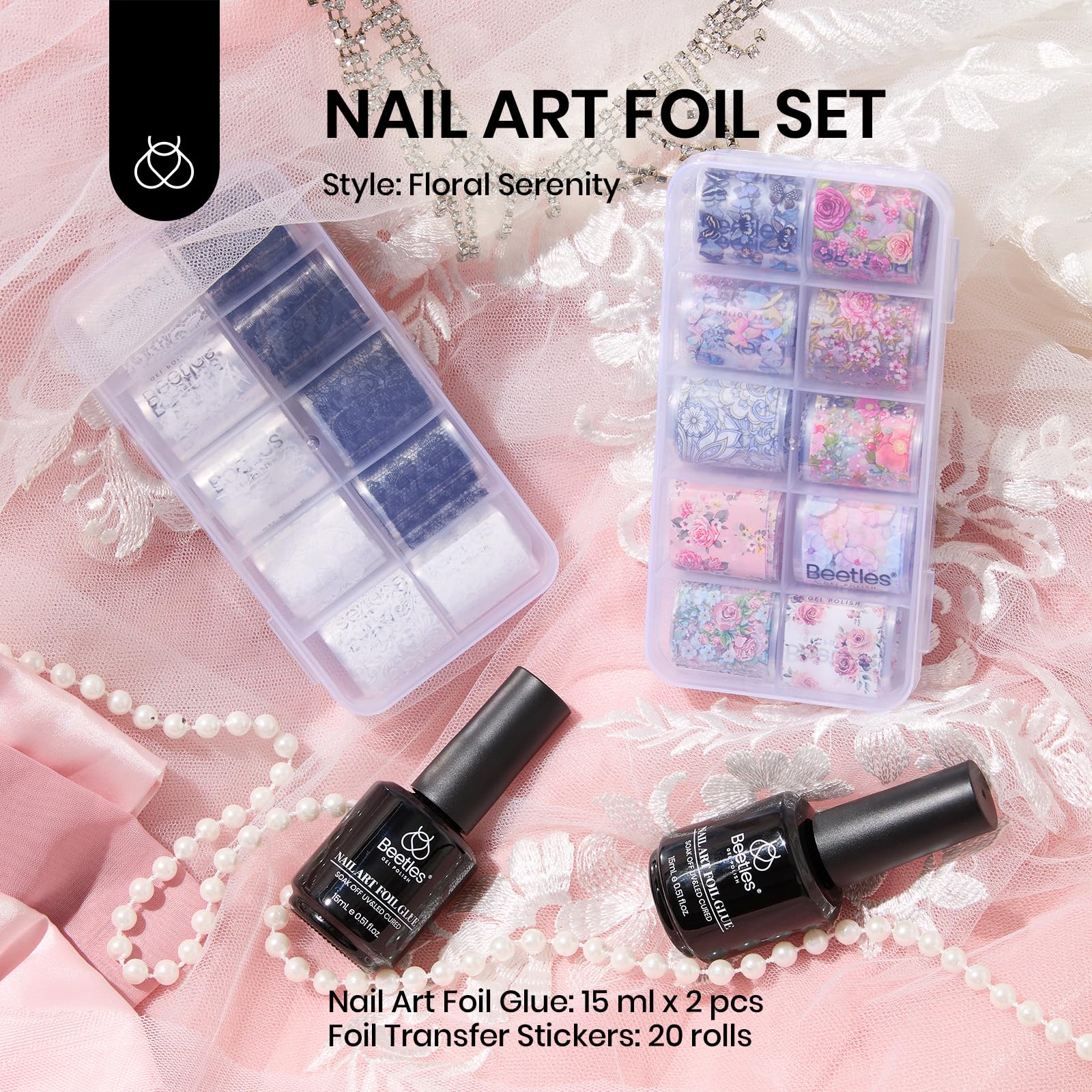 Beetles set with 20 foil strips laid out offering variety for designs