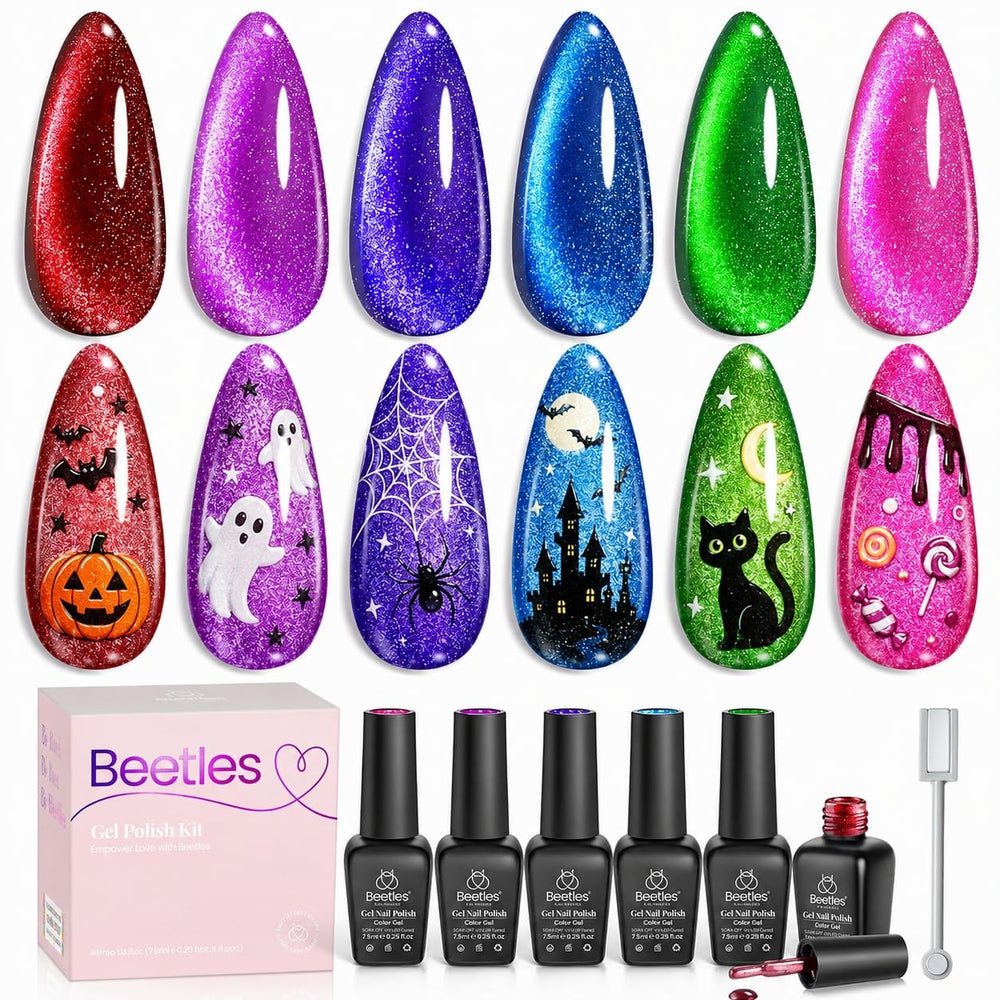 Beetles front packaging showing six cat eye gel polishes and festive design, highlights variety