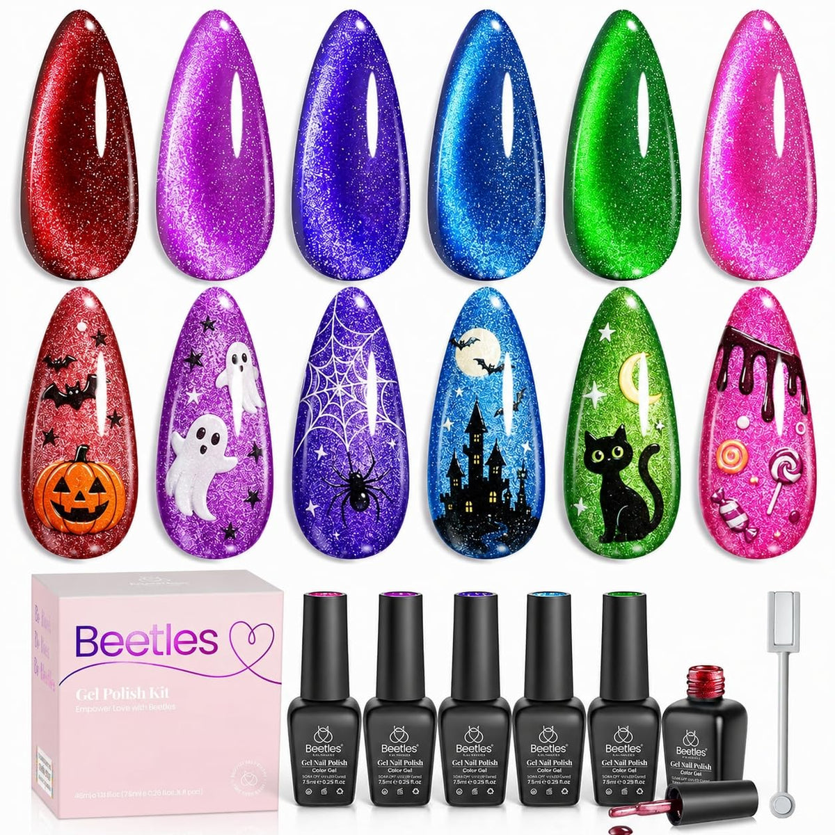 Beetles front packaging showing six cat eye gel polishes and festive design, highlights variety
