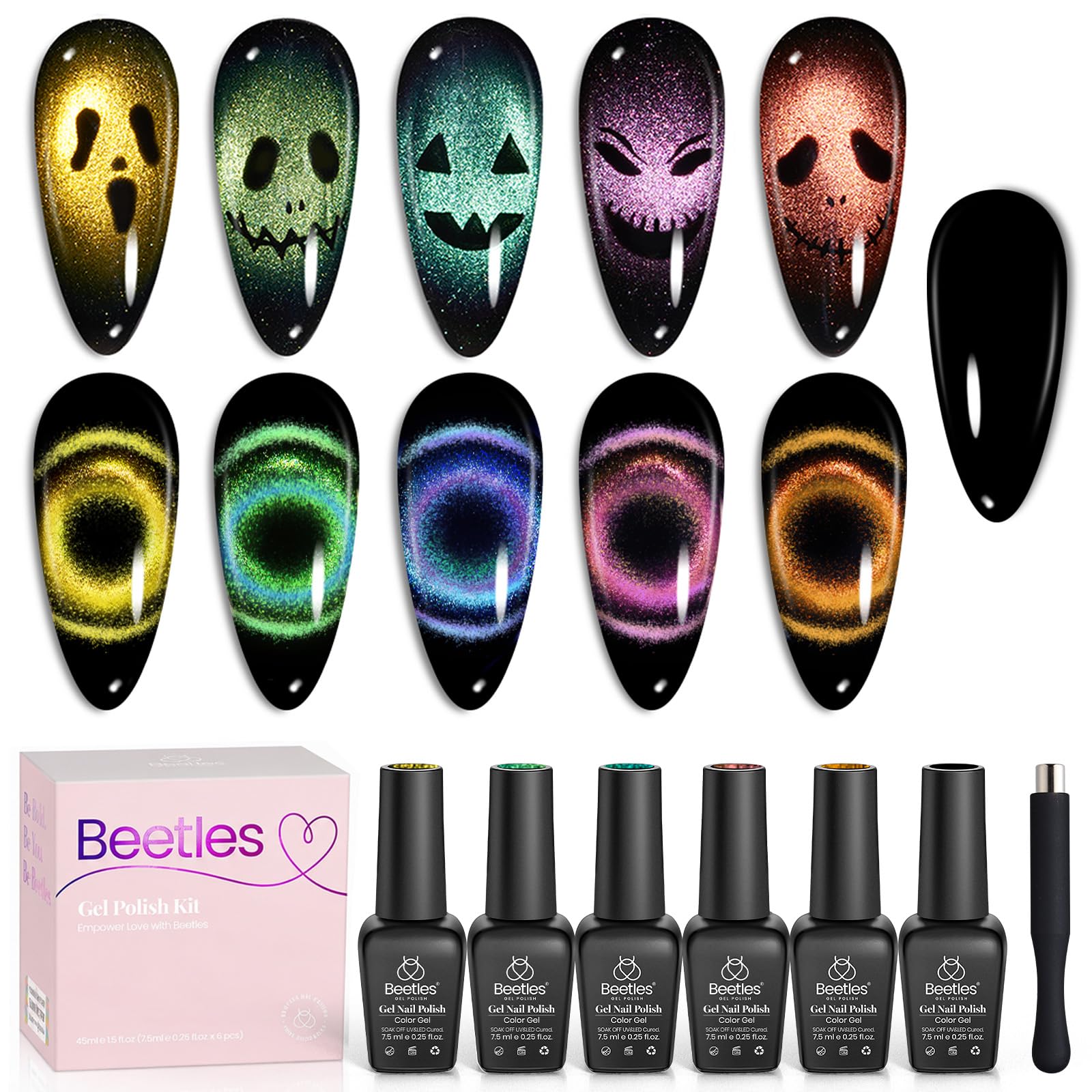 beetles front packaging showing the six-piece Halloween cat eye set and benefits