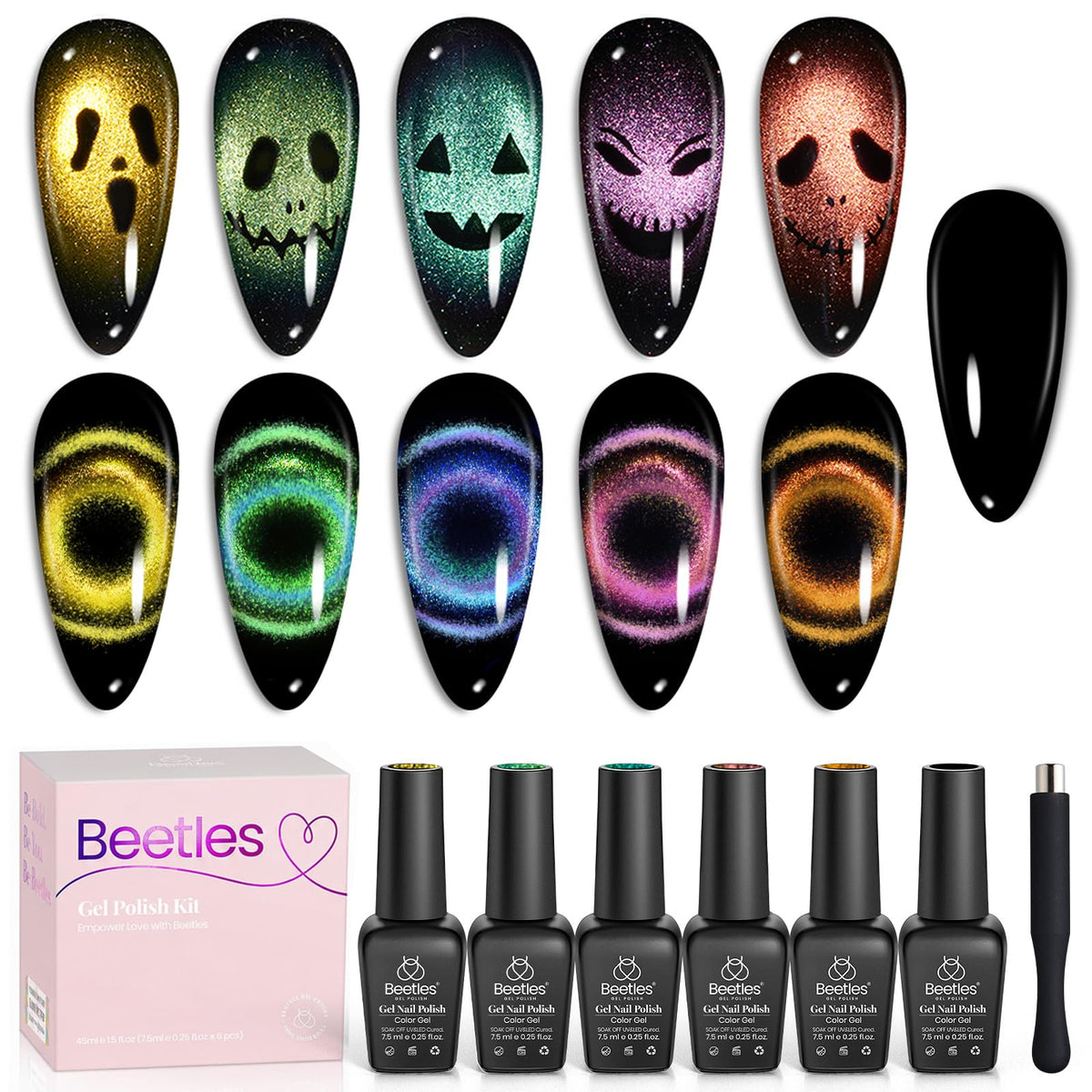 beetles front packaging showing the six-piece Halloween cat eye set and benefits