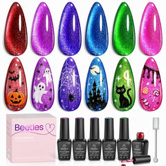Beetles front packaging showing six cat eye gel polishes and festive design, highlights variety