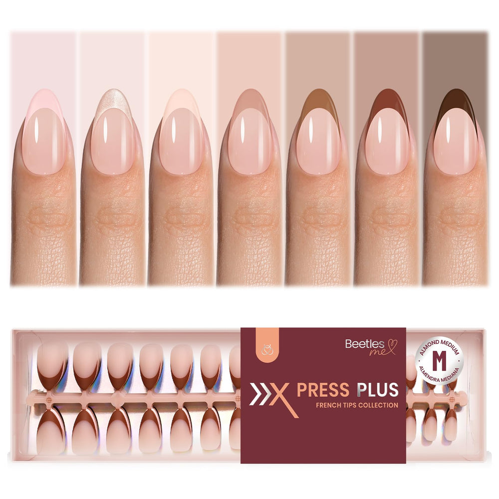 Beetles front packaging showing 224-piece medium almond set and ready-to-apply benefit