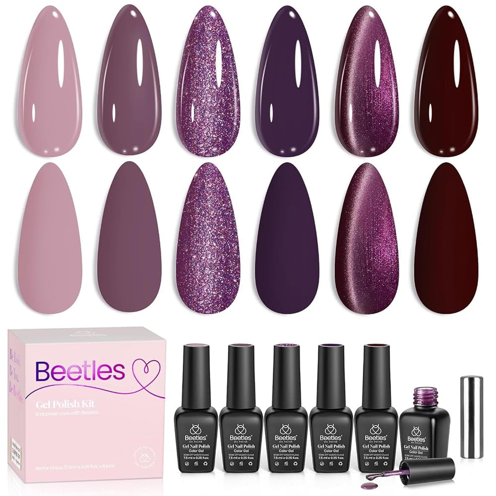 beetles front packaging showing six purple shades and kit contents for easy selection