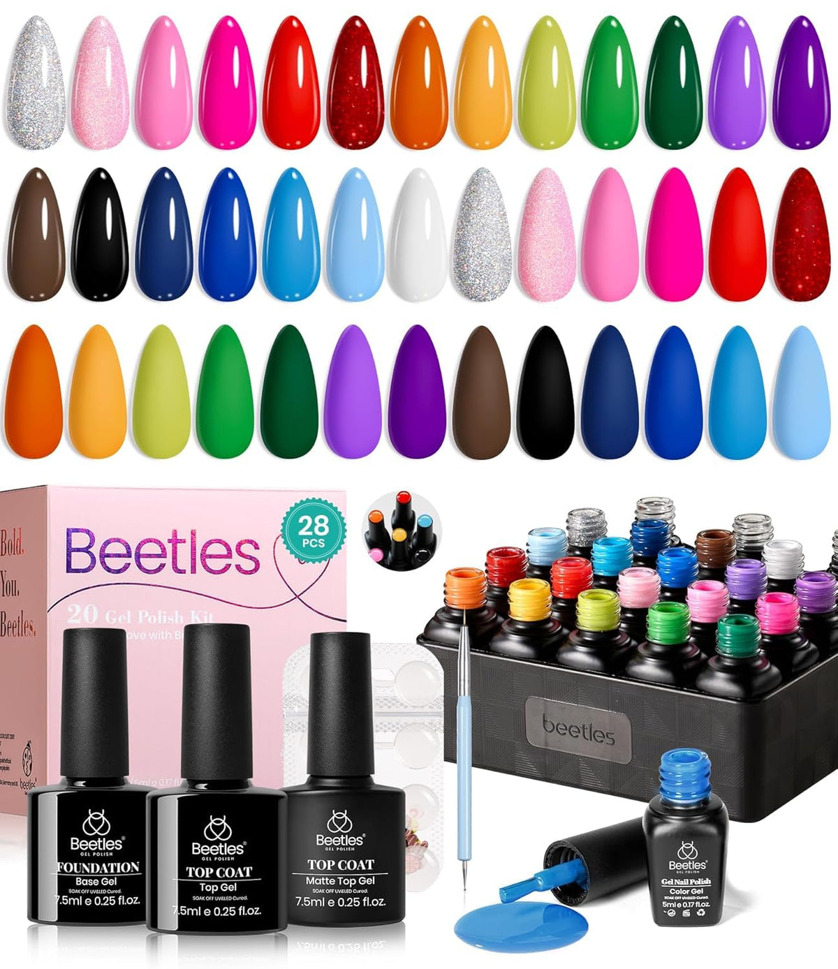 Beetles front packaging showing 23-piece neon gel kit for versatile manicures