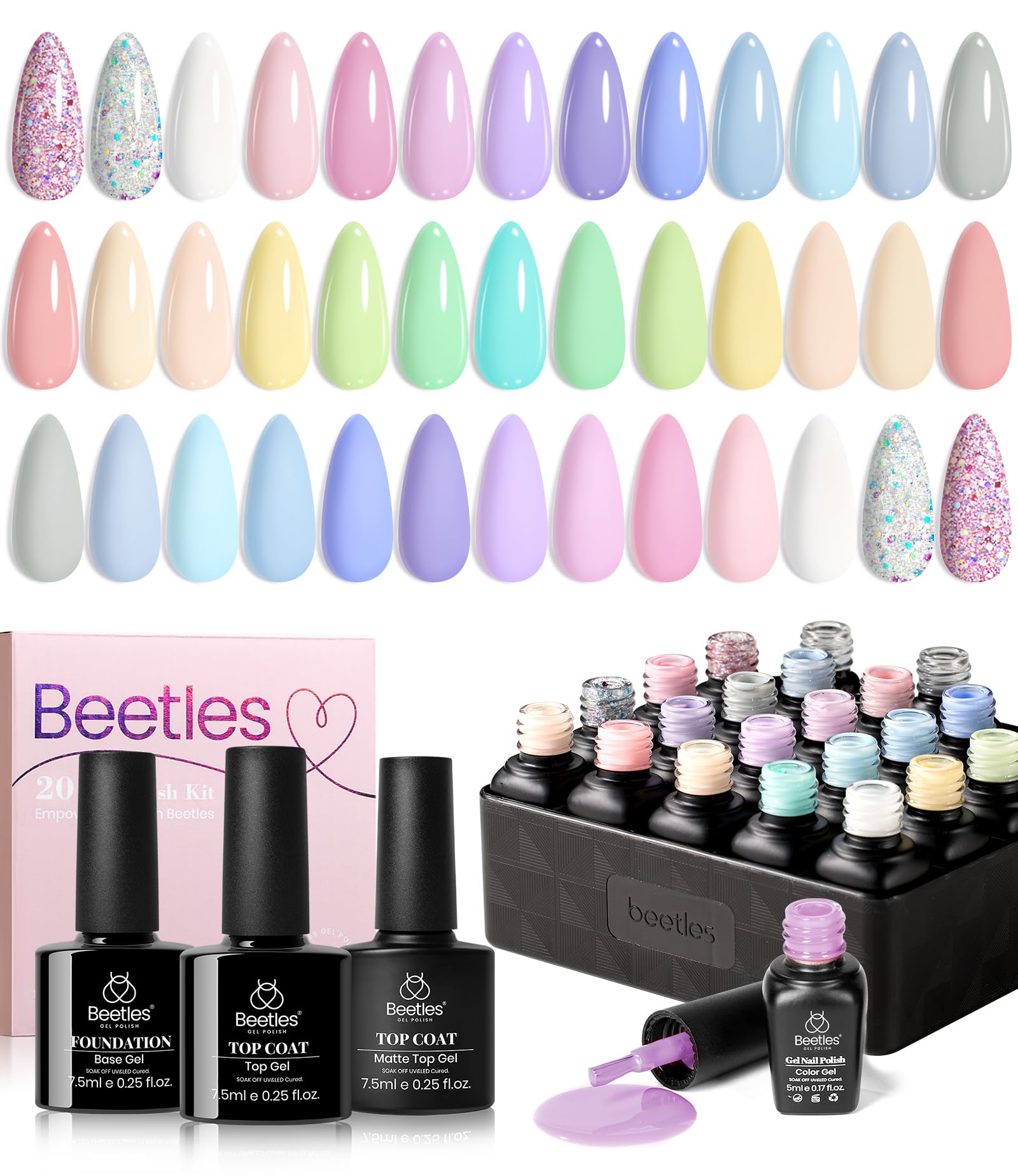 beetles gel polish front packaging shows 20 pastel bottles and three top coats offering variety