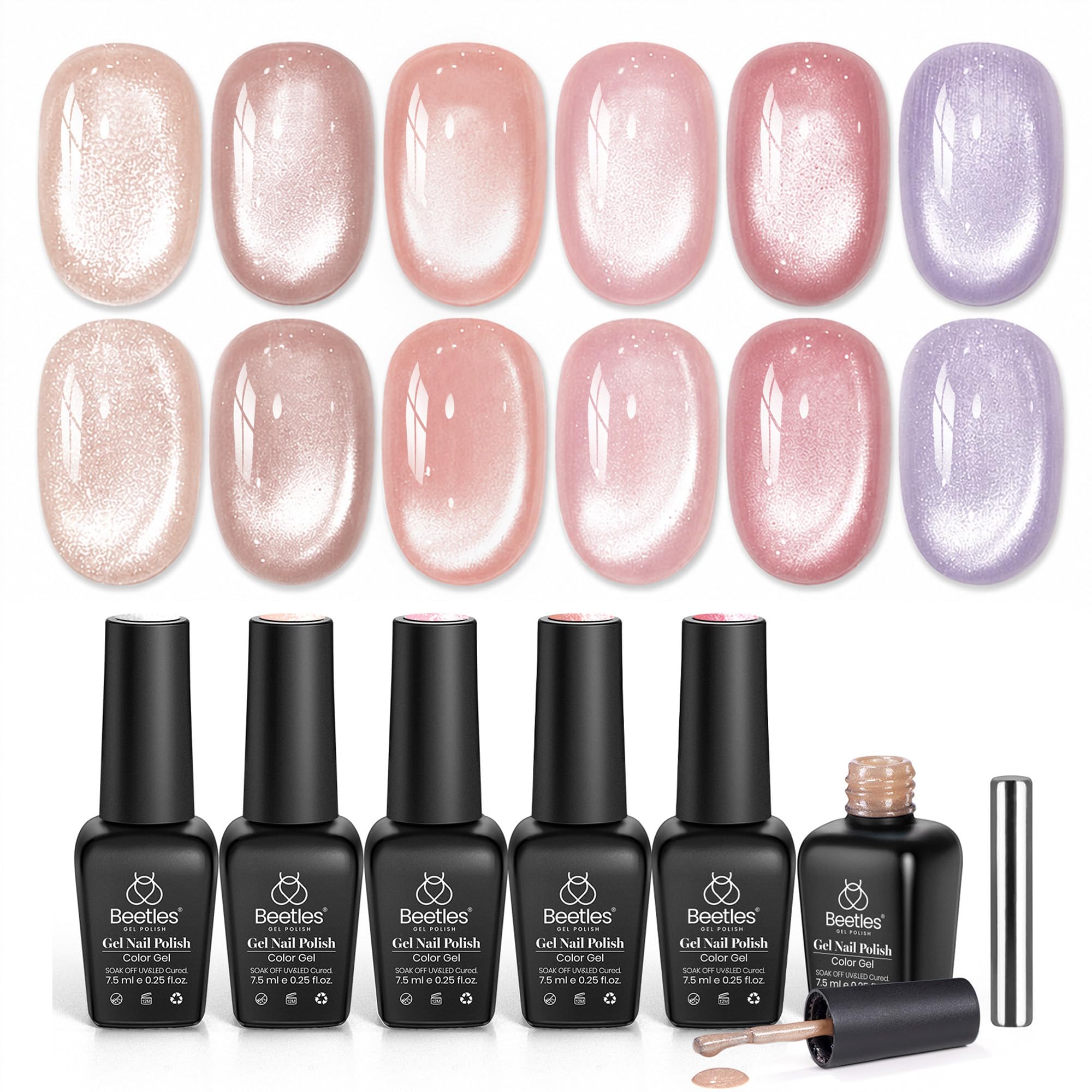 Beetles Gel Polish front packaging showing six subtle cat eye shades, versatile wear