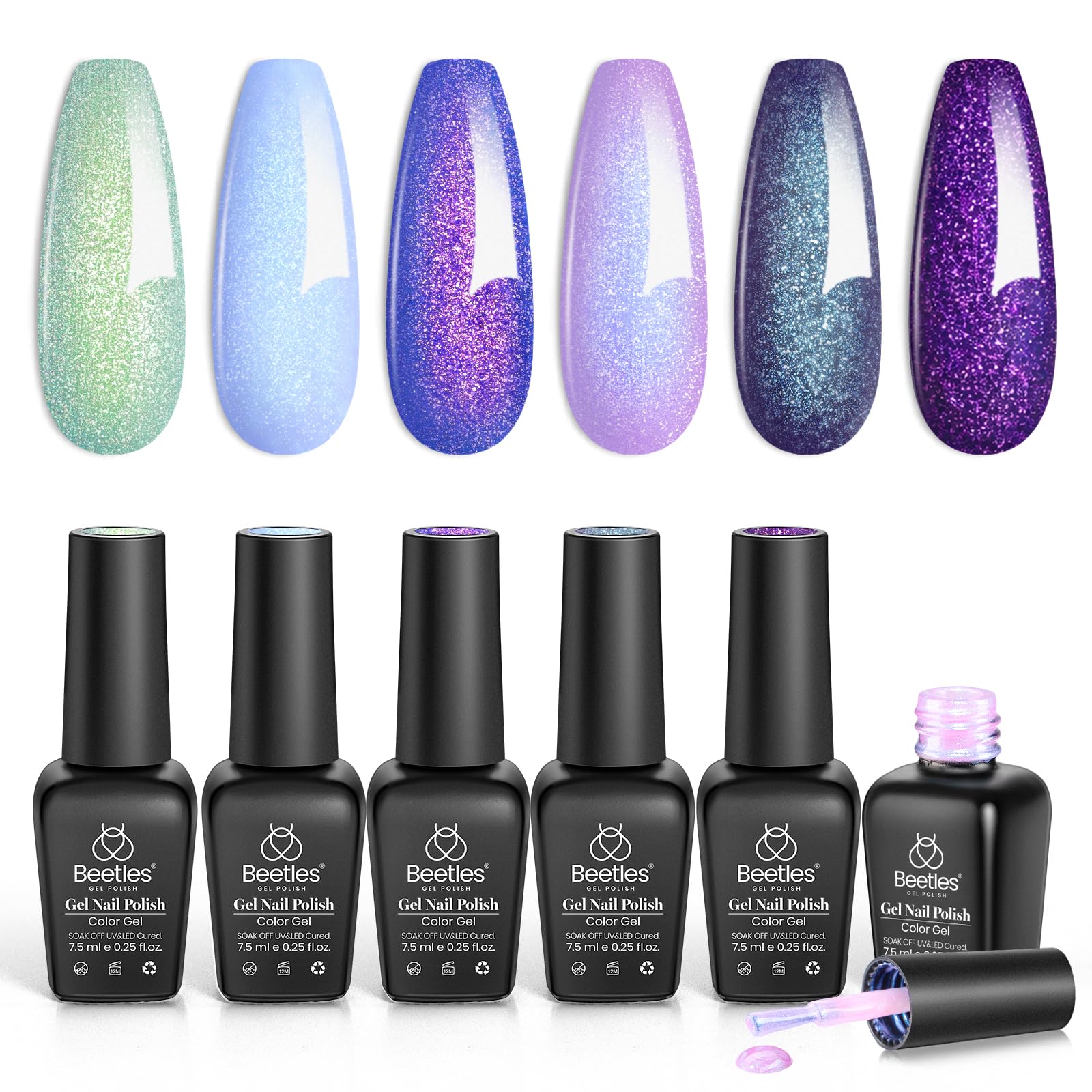 Beetles front packaging showing six glitter gel bottles and colorful display for easy selection
