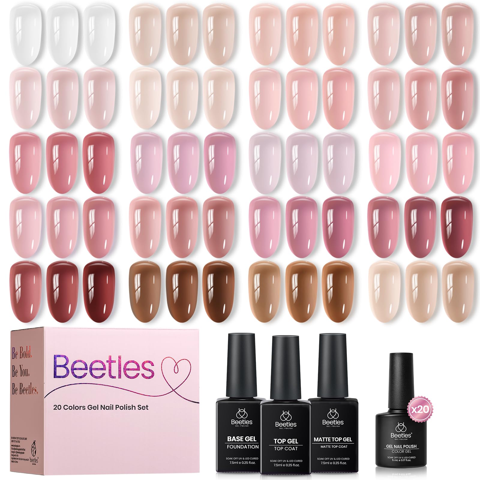 Beetles front packaging showing 20-color kit and three treatment bottles for easy gifting