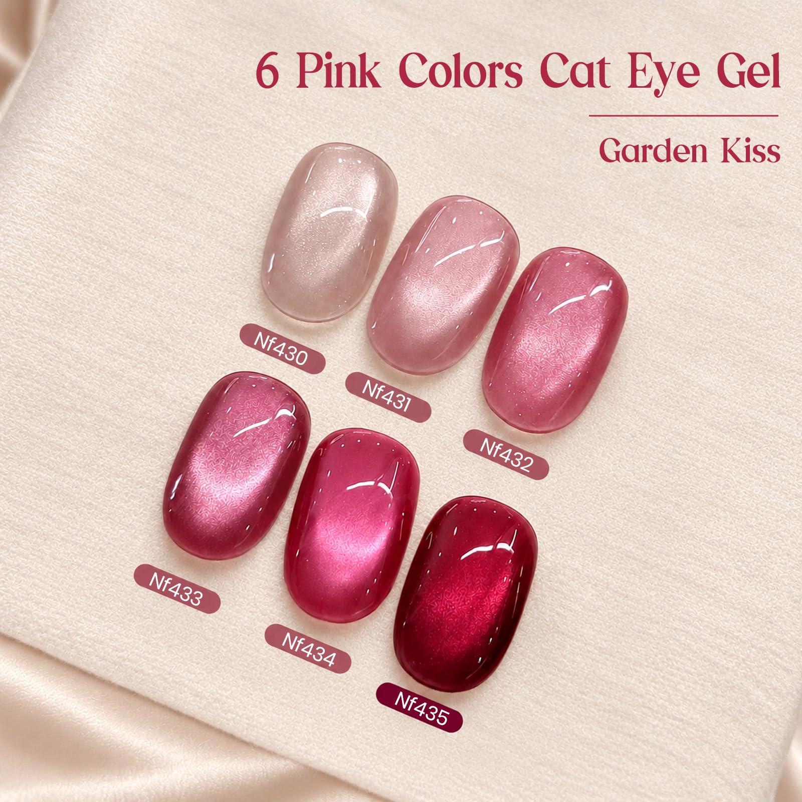 beetles Gel Polish nail wheel swatches showing six Garden Kiss pink shades for color planning