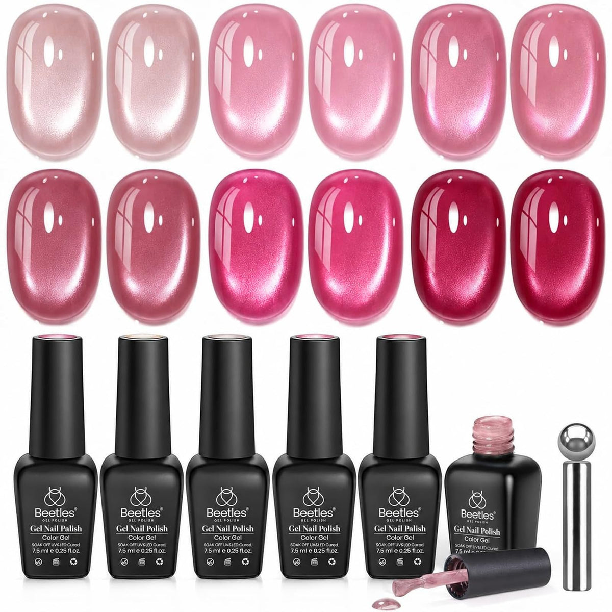 beetles Gel Polish front packaging showing six pink bottles and two magnets for kit versatility