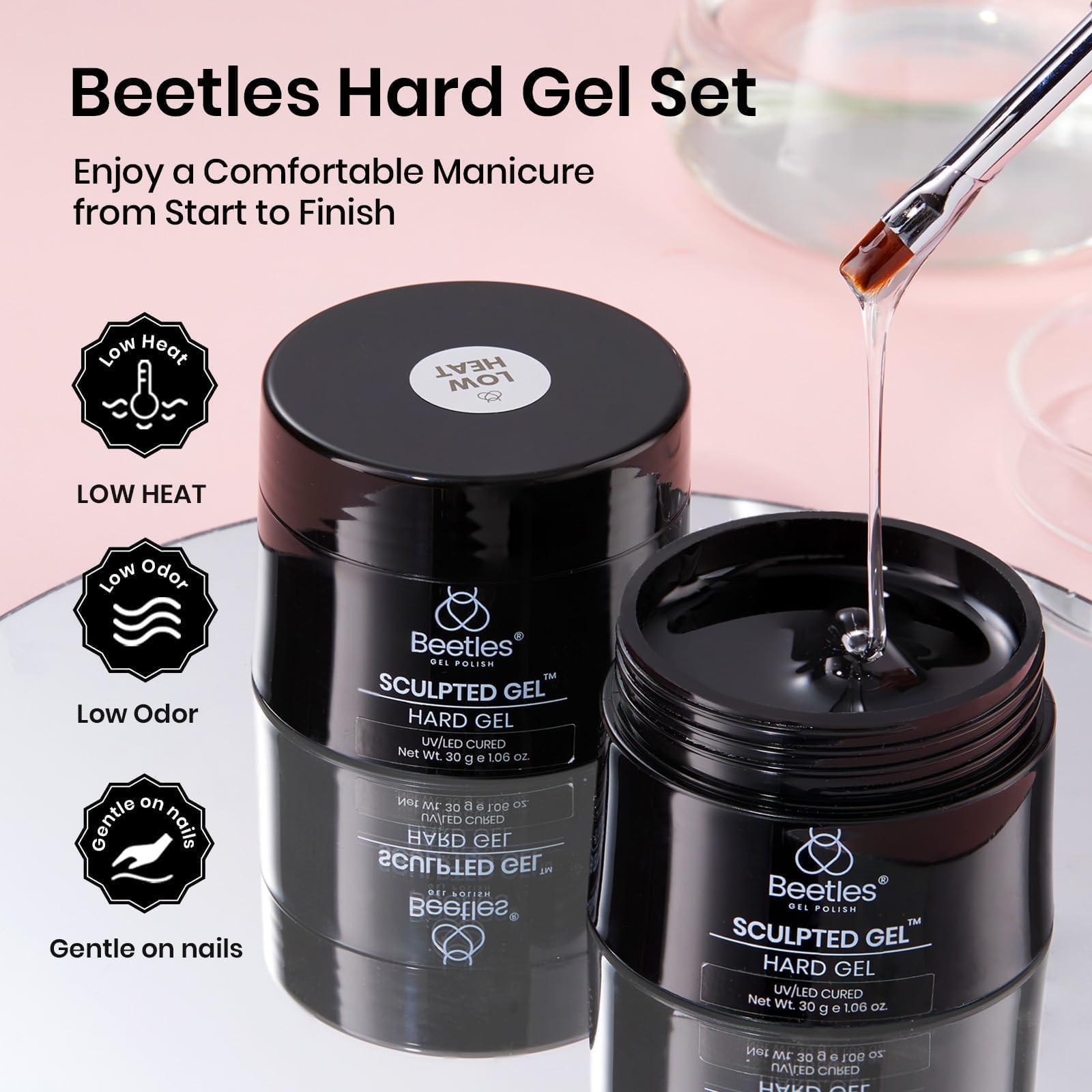 Beetles gel curing under LED lamp showing low-heat comfort benefit