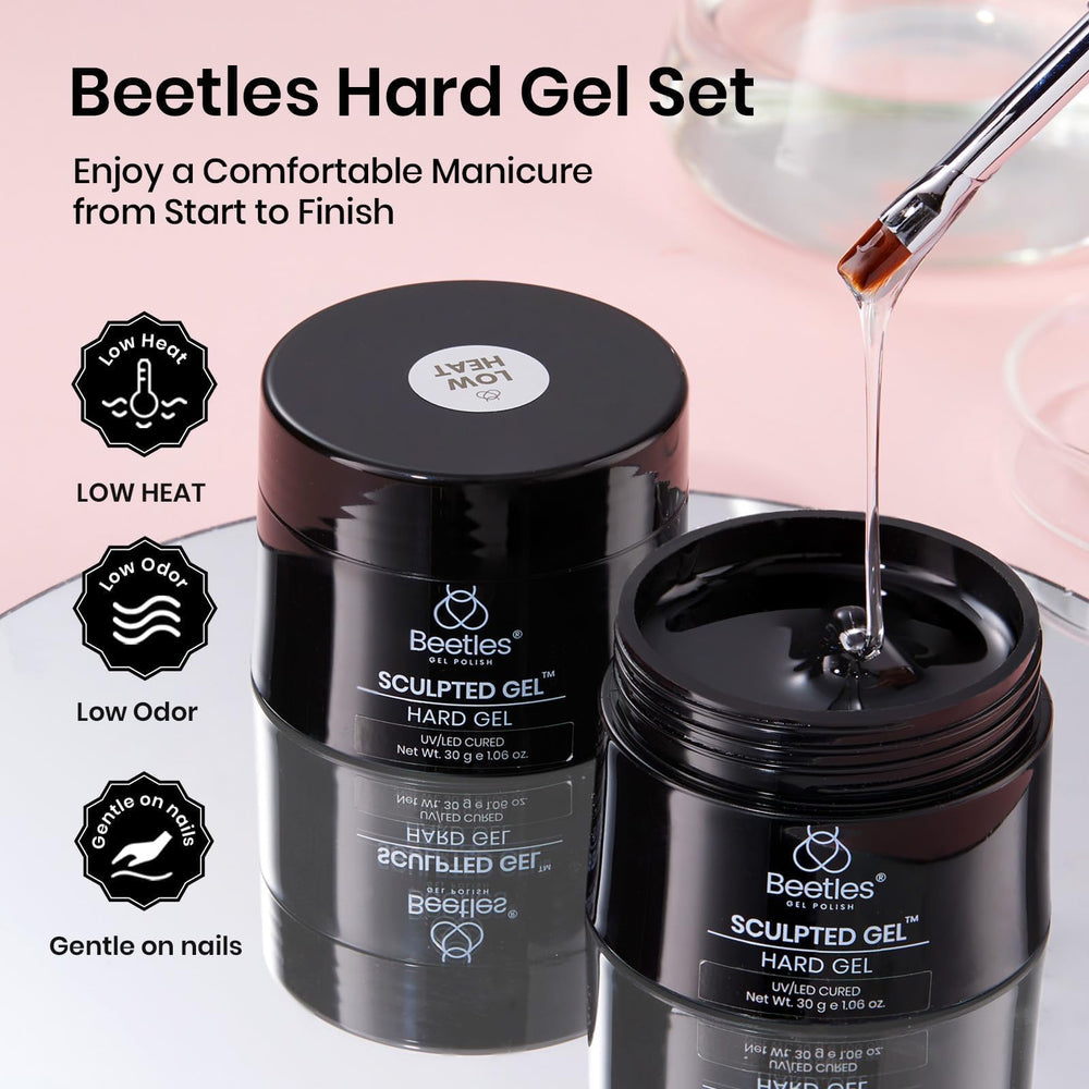 Beetles gel curing under LED lamp showing low-heat comfort benefit