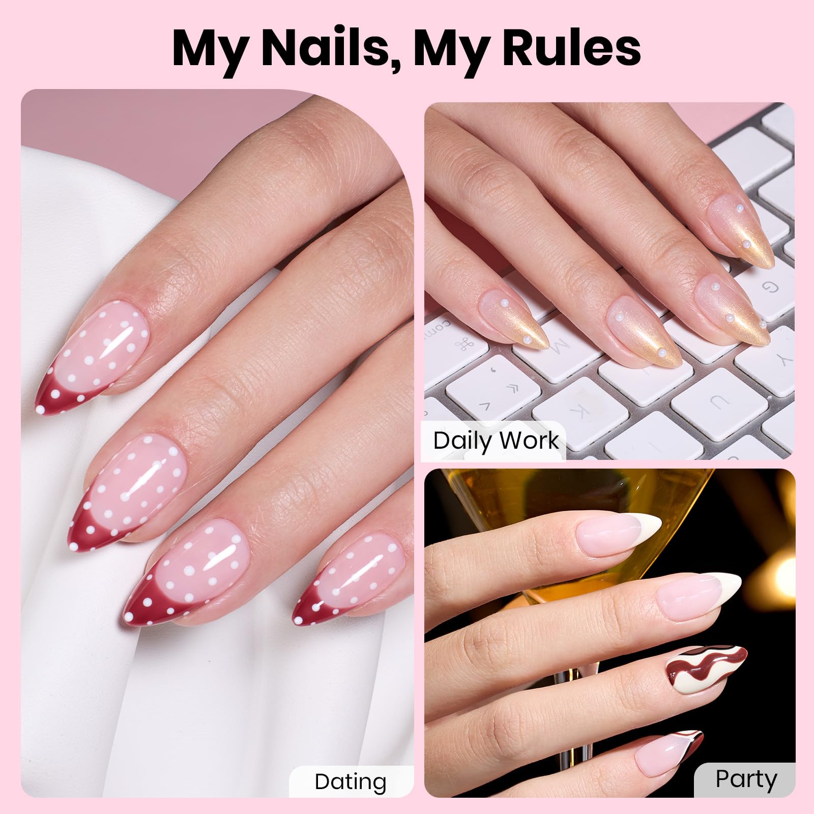Beetles Gel Polish almond medium tips close-up, pre-shaped for speed