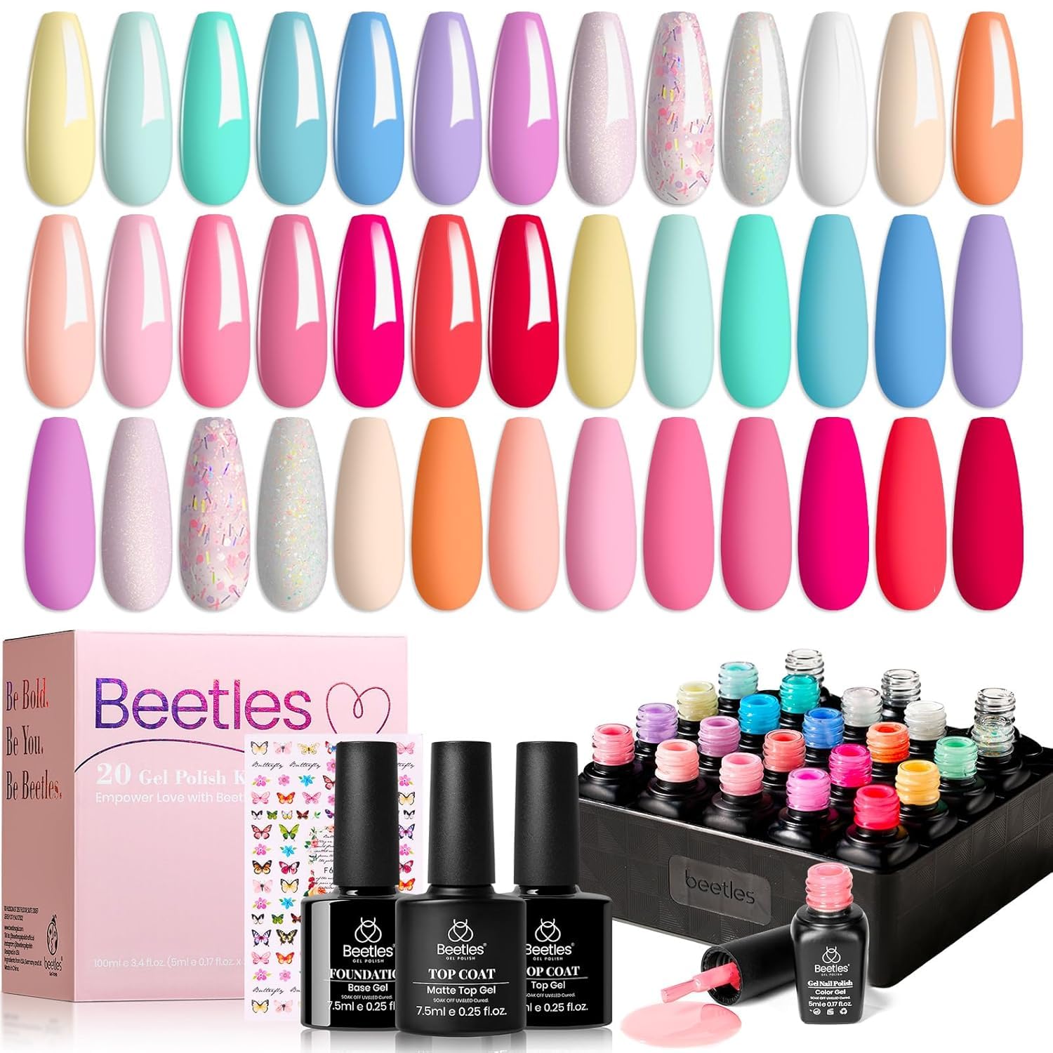 Beetles gel polish front packaging showing full 23-piece pastel kit and included top coats