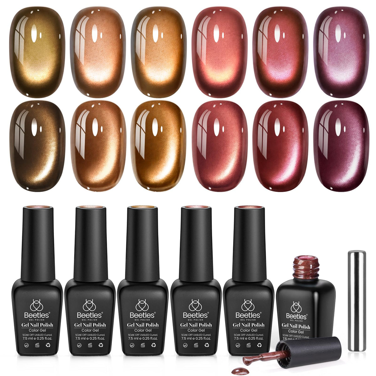 Beetles front packaging showing six fall cat eye gel bottles and magnet tool