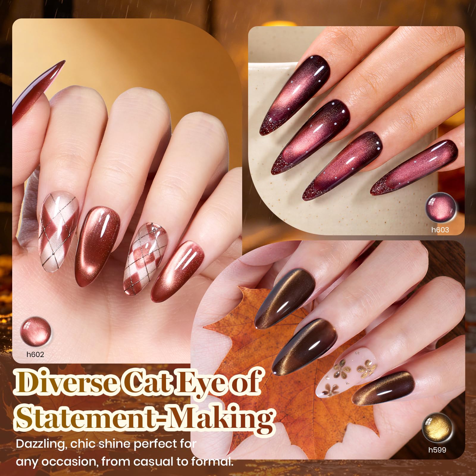 Beetles swatches on natural nails demonstrating autumn shimmer and depth