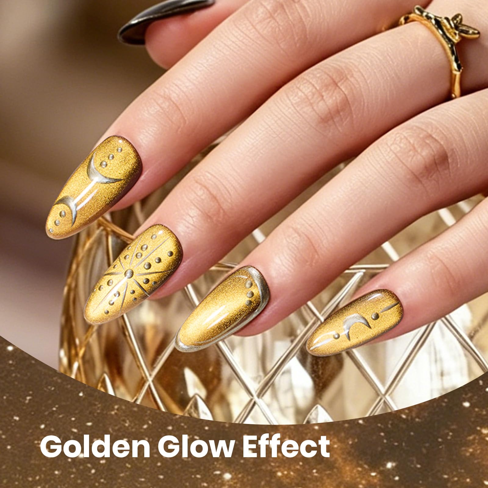beetles manicured hand wearing golden meteor nails for seasonal style