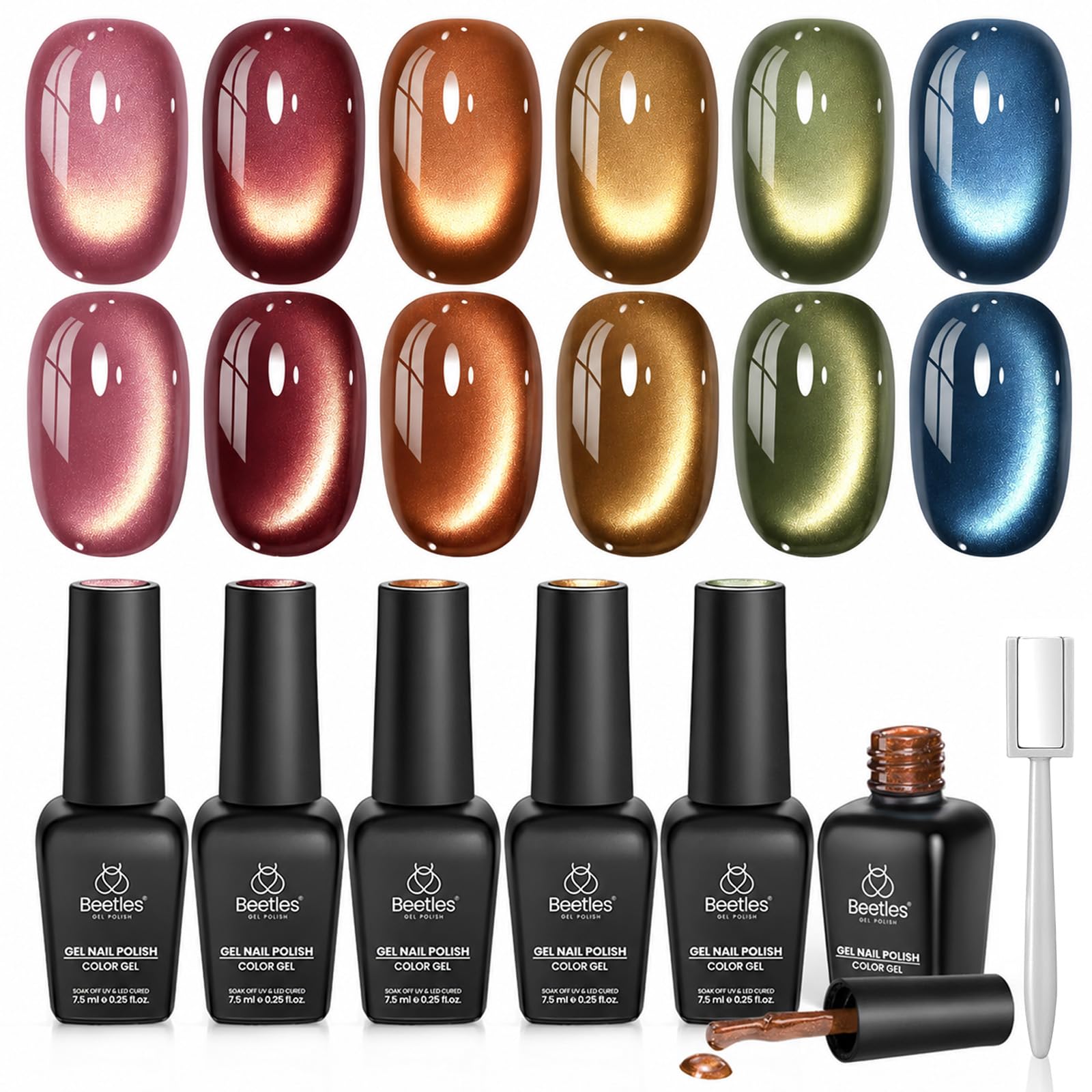Beetles Gel Polish front packaging showing six fall cat eye bottles and magnetic wand, attractive gift