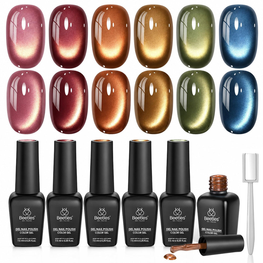 Beetles Gel Polish front packaging showing six fall cat eye bottles and magnetic wand, attractive gift