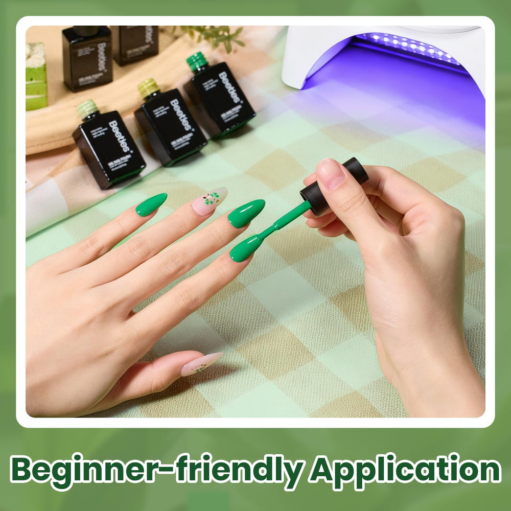 Beetles finished manicure lifestyle image showing versatile green styles