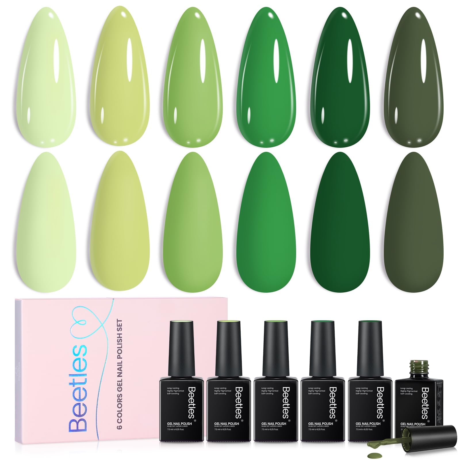 Beetles front packaging showing six green gel bottles and benefits