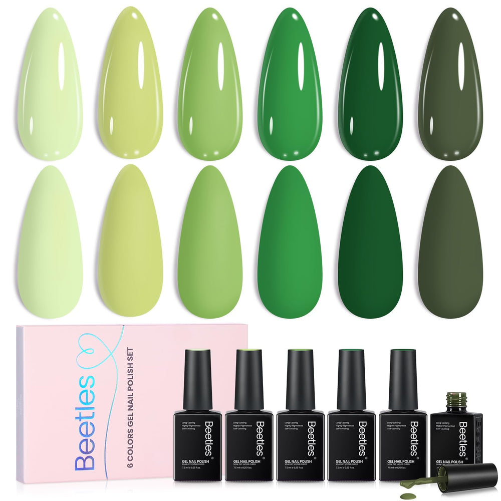 Beetles front packaging showing six green gel bottles and benefits