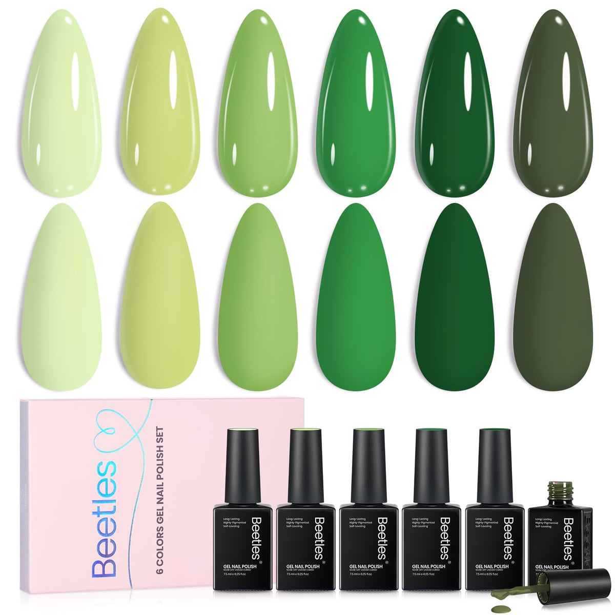Beetles front packaging showing six green gel bottles and benefits