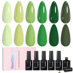 Beetles front packaging showing six green gel bottles and benefits
