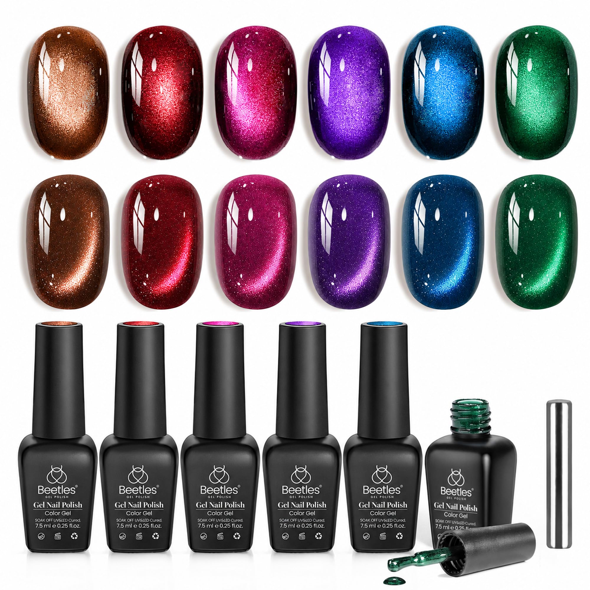 Beetles Jewel Parade front packaging showing six festive cat eye polishes and magnet, for gifting