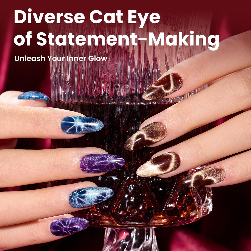 Beetles painted nails in use showing reflective cat eye band and polished holiday look