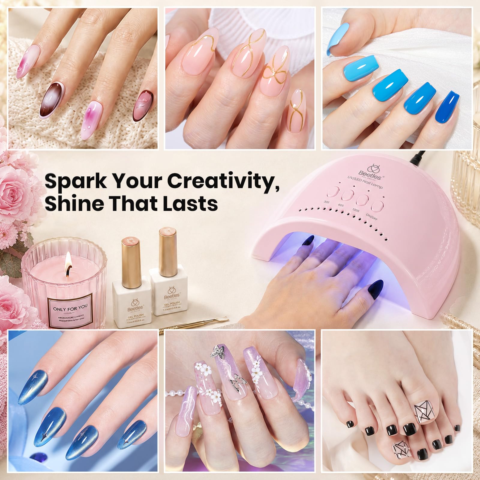 Beetles Gel Polish lamp in a home manicure scene showing lifestyle convenience