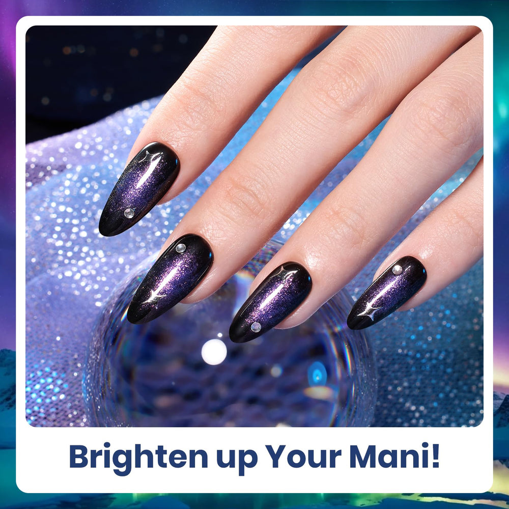 Beetles layered over black polish showing vivid contrast and intensified galaxy shimmer effect