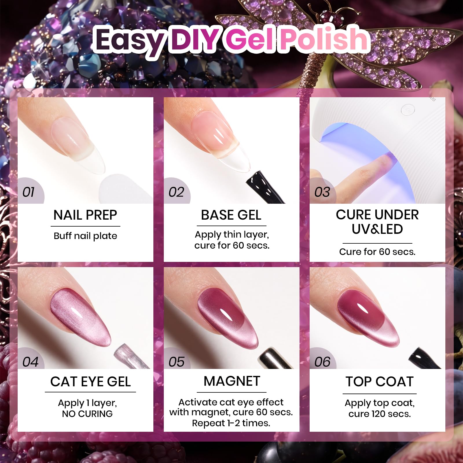 beetles styled nails in evening outfit showcasing plum cat eye elegance