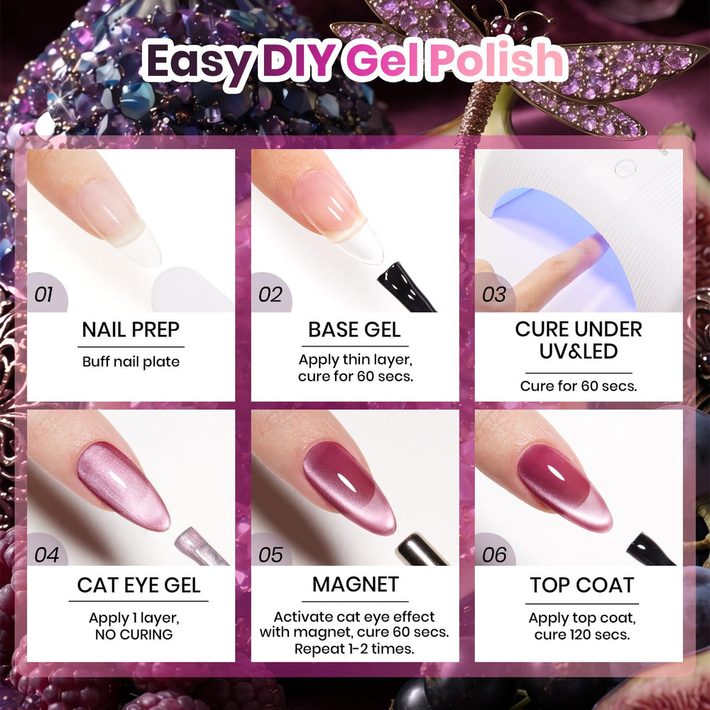 beetles styled nails in evening outfit showcasing plum cat eye elegance