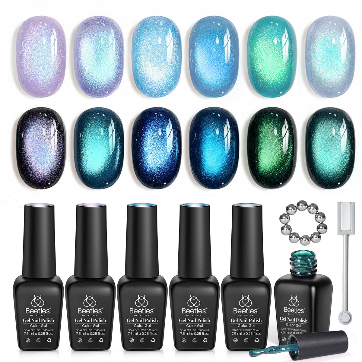 Beetles front packaging showing six Lunar Mermaid gel bottles and magnet, professional kit
