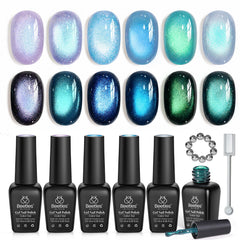 Beetles front packaging showing six Lunar Mermaid gel bottles and magnet, professional kit