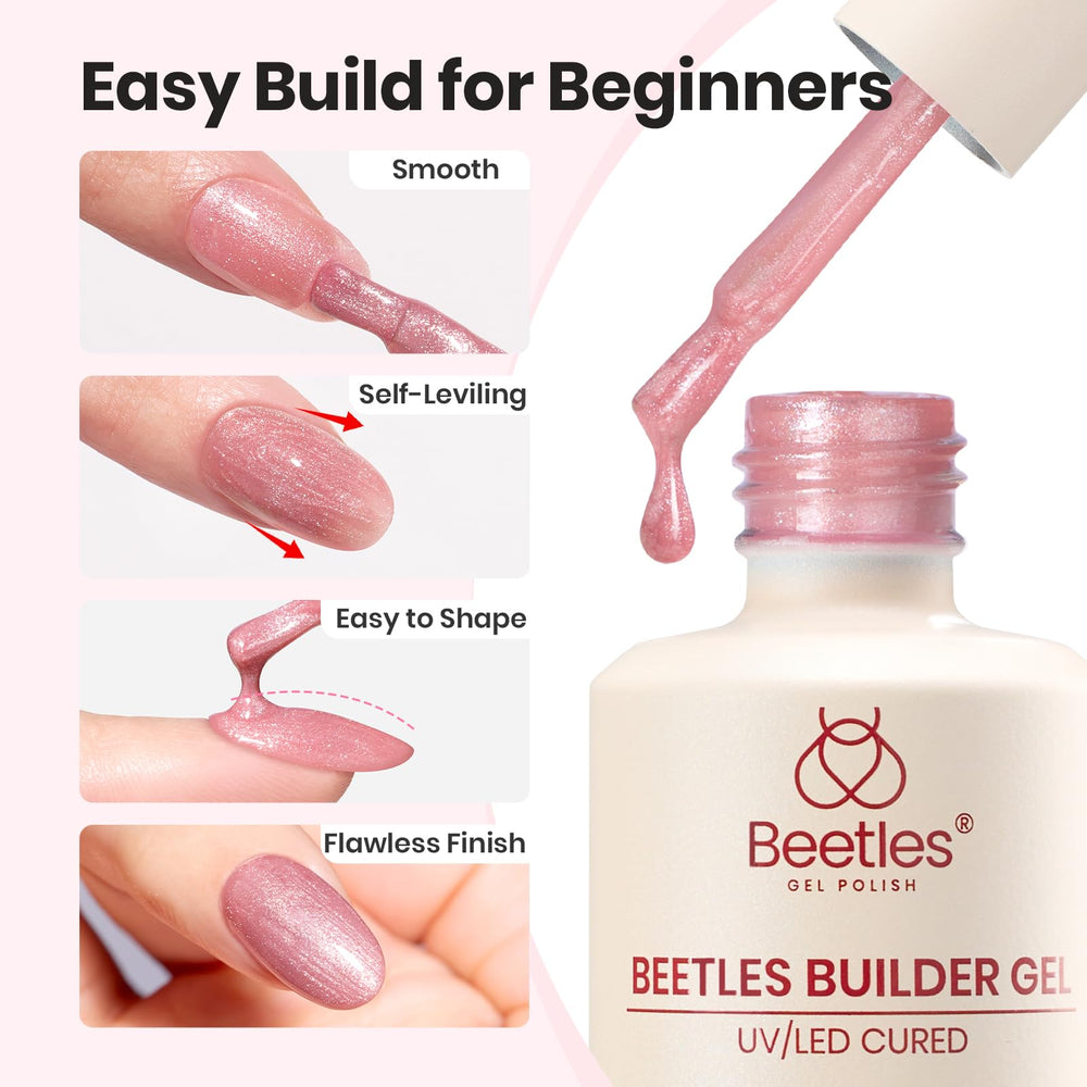 beetles nail brush beside gel swatch showing precise application and reduced filing