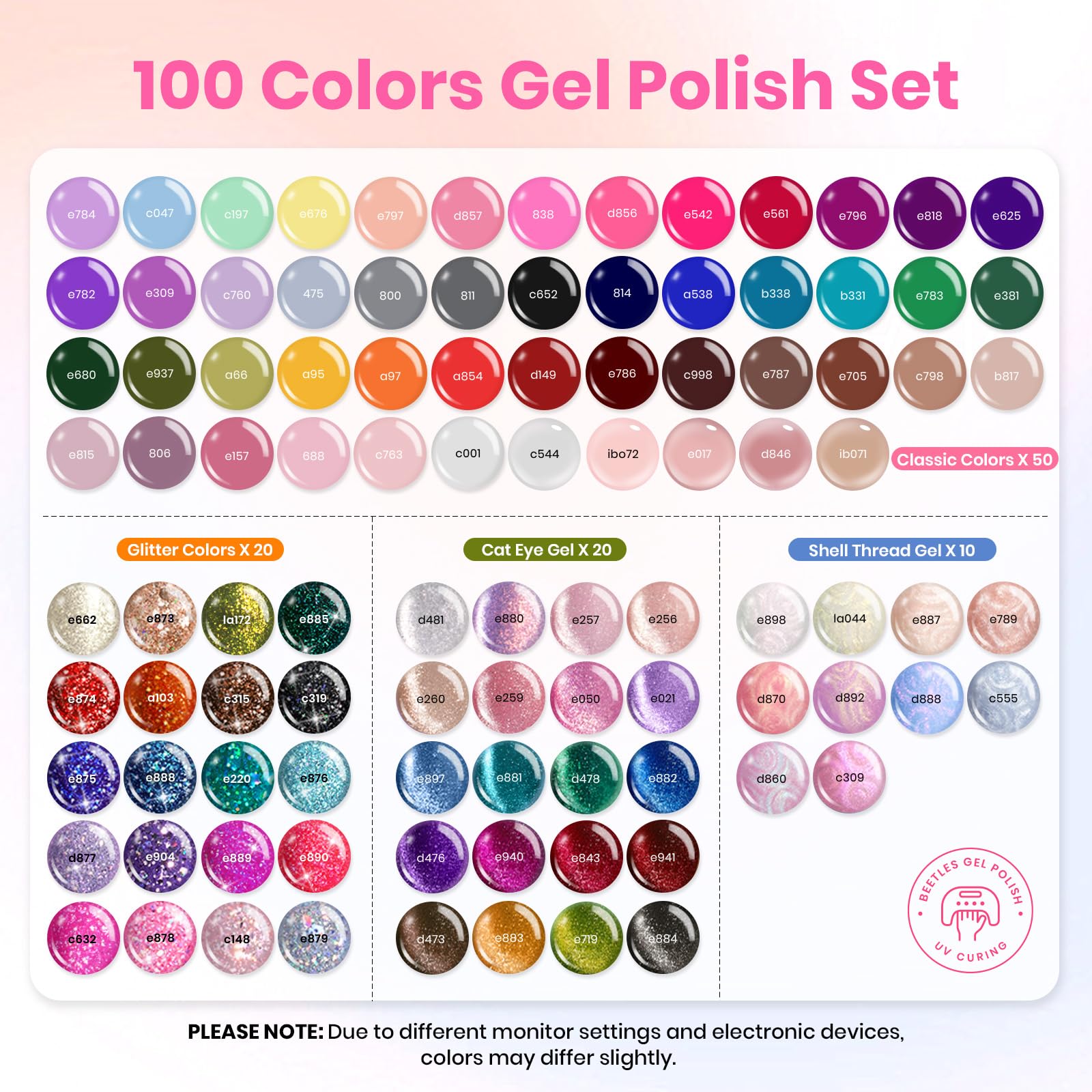 beetles open kit layout with 100 gel bottles and tools for creative variety