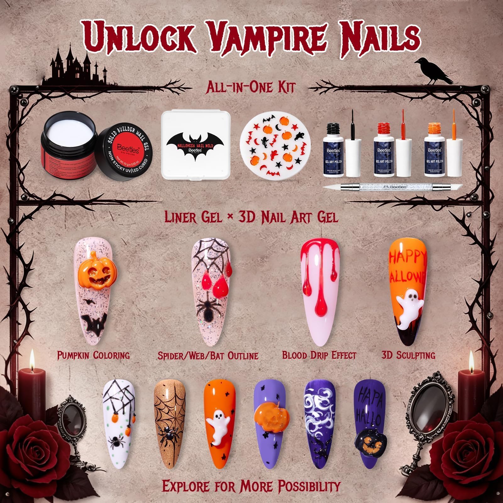 Beetles 3D pumpkin accents on nails showing finished festive look