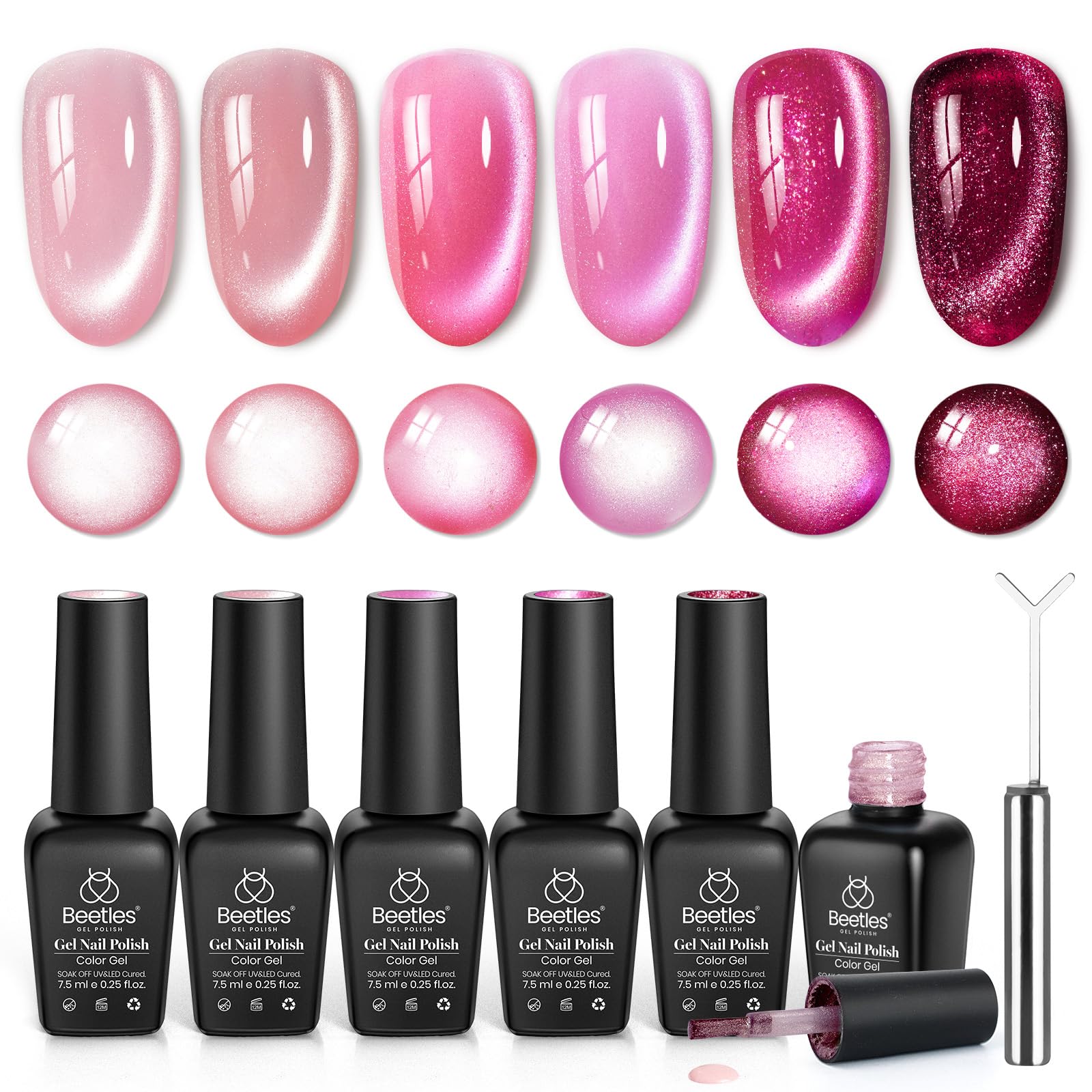 beetles front packaging showing six pink cat eye gel bottles and magnet for gifting