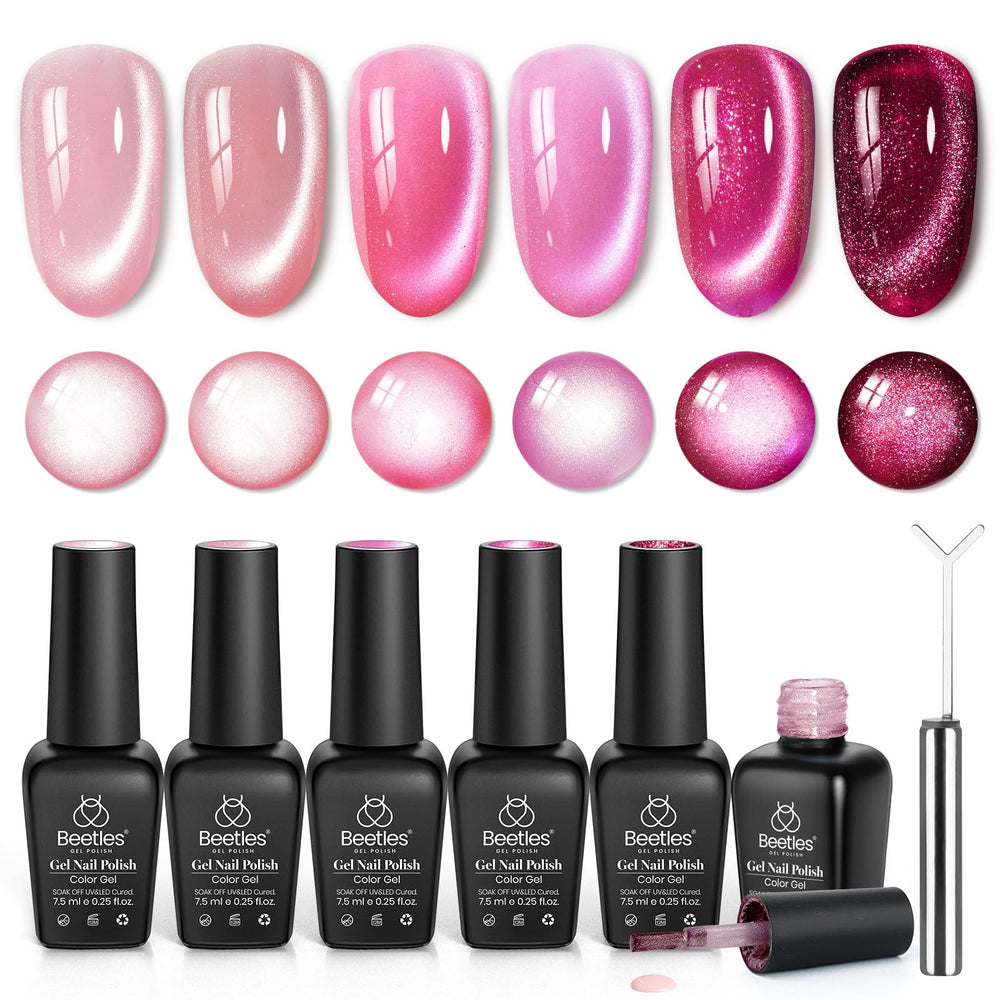beetles front packaging showing six pink cat eye gel bottles and magnet for gifting