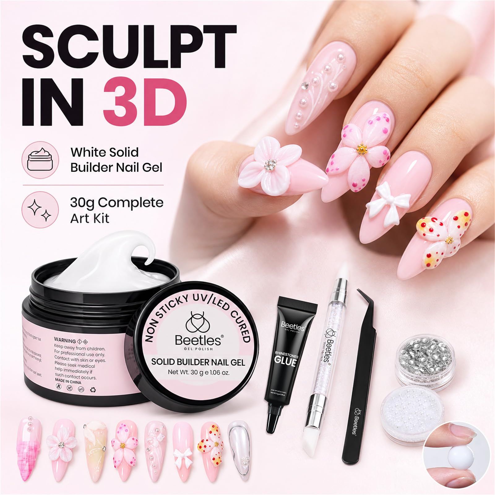 beetles rhinestones and pearls assortment displayed with brand to inspire decorative nail looks