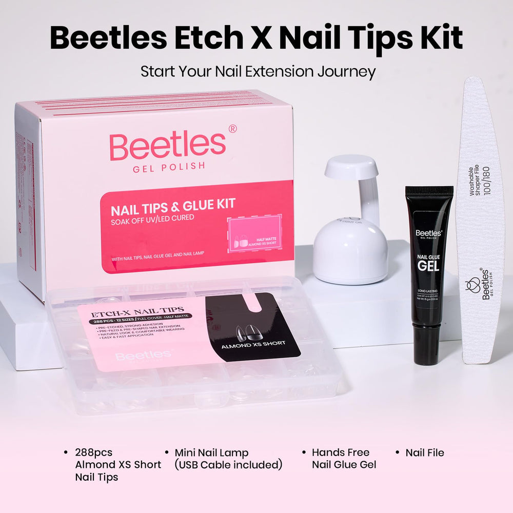 Beetles tip next to natural nail showing size and realistic scale
