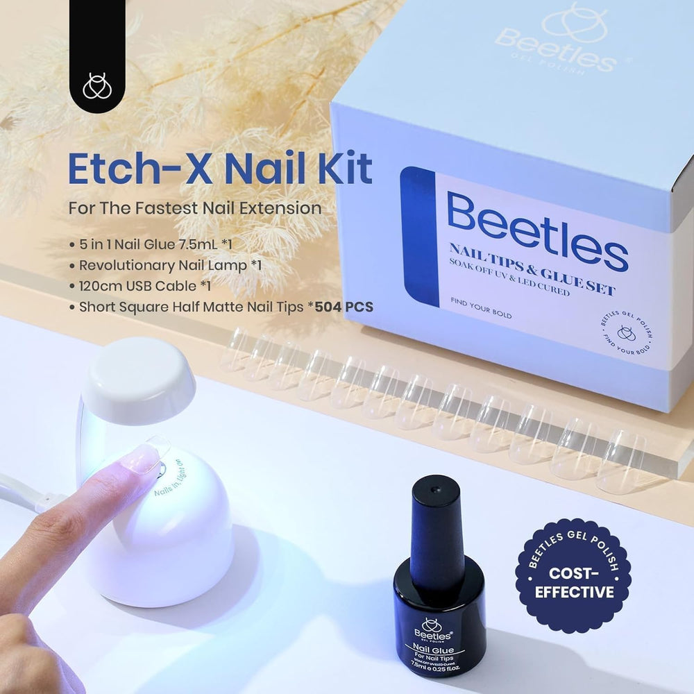 beetles close-up of short square PMMA tips highlighting natural look